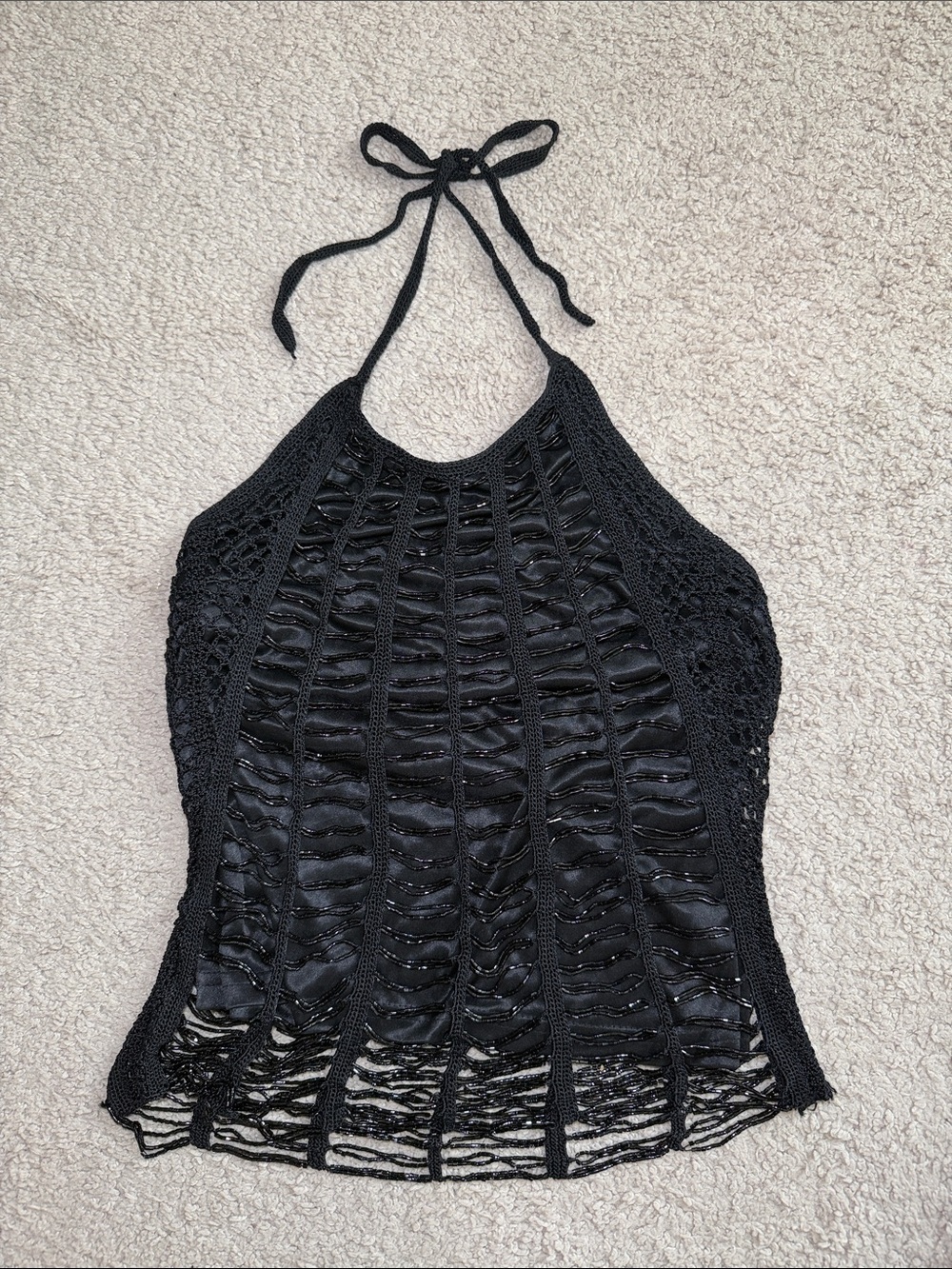 Vintage Black Crochet Beaded Halter Top